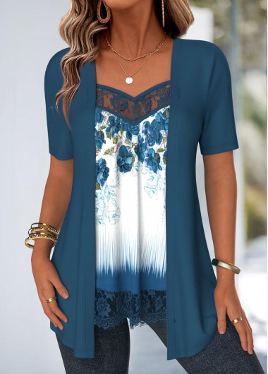 Peacock Blue tops,Floral tops,Plants tops,ROTITA Lace Floral Print Peacock Blue Fake Two Piece Twinset