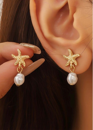Golden jewelry,Animal Print jewelry,Golden Alloy Pearl Design Starfish Earrings