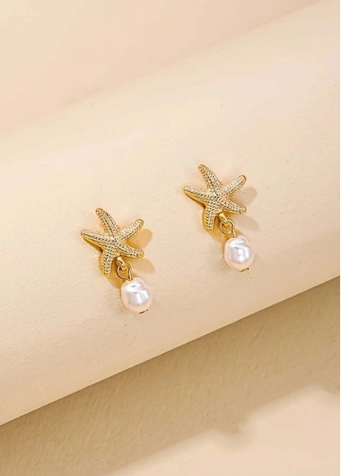 Golden jewelry,Animal Print jewelry,Golden Alloy Pearl Design Starfish Earrings