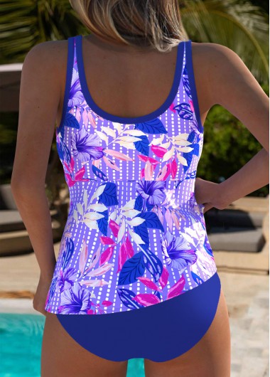 Purple swimwear,Floral swimwear,Plants swimwear,ROTITA Purple Floral Print Mid Waisted Tankini Set