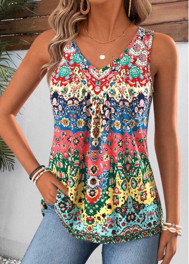 Multi Color tops,Tribal tops,ROTITA Patchwork Tribal Print Multi Color V Neck Tank Top