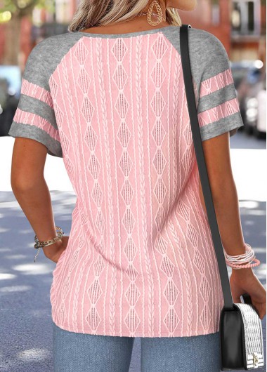 Light Pink tops,Contrast Color tops,ROTITA Patchwork Light Pink Round Neck Short Sleeve T Shirt