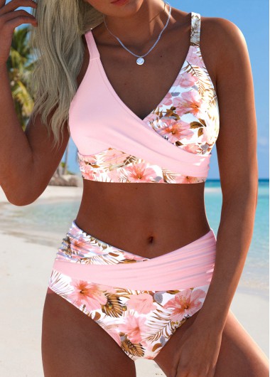 Light Pink swimwear,Plants swimwear,ROTITA Light Pink Surplice Tropical Plants Print Bikini Set
