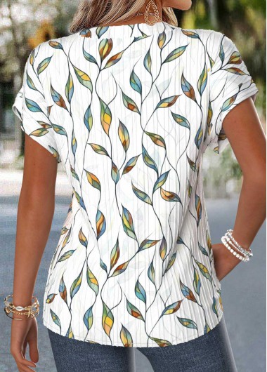 Raw white tops,Floral tops,Plants tops,ROTITA Patchwork Floral Print Raw White Split Neck T Shirt