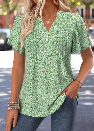 Light Green tops,Ditsy Floral tops,ROTITA Lace Trim Ditsy Floral Print Light Green T Shirt