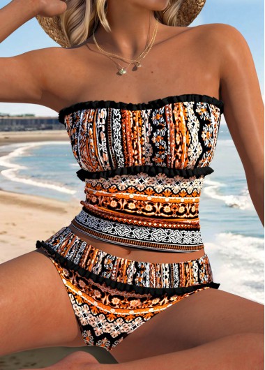 Orange swimwear,Tribal swimwear,ROTITA Orange Patchwork Tribal Print Mid Waisted Tankini Set
