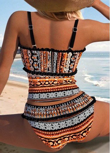 Orange swimwear,Tribal swimwear,ROTITA Orange Patchwork Tribal Print Mid Waisted Tankini Set
