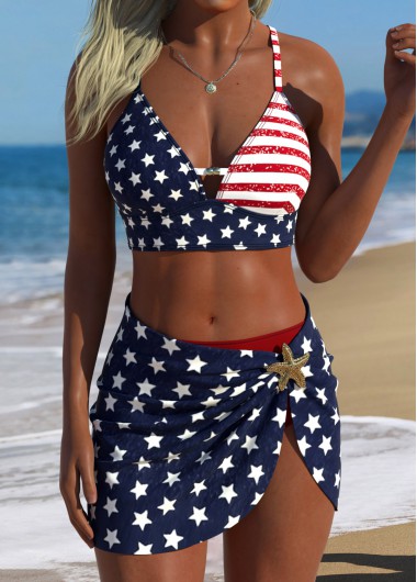 Multi Color swimwear,Flag swimwear,ROTITA Multi Color Three-piece Flag Print Mid Waisted Bikini Set