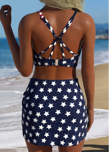Multi Color swimwear,Flag swimwear,ROTITA Multi Color Three-piece Flag Print Mid Waisted Bikini Set