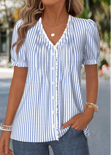 Dusty Blue tops,Striped tops,Geometric tops,ROTITA Frill Striped Dusty Blue V Neck T Shirt