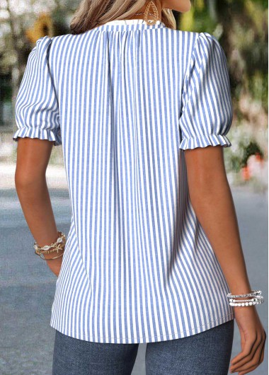 Dusty Blue tops,Striped tops,Geometric tops,ROTITA Frill Striped Dusty Blue V Neck T Shirt