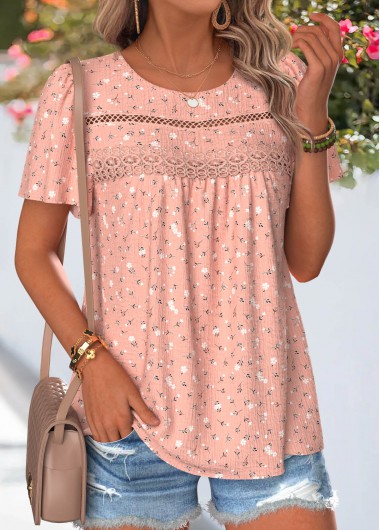 Light Pink tops,Floral tops,Plants tops,ROTITA Patchwork Floral Print Light Pink Round Neck T Shirt