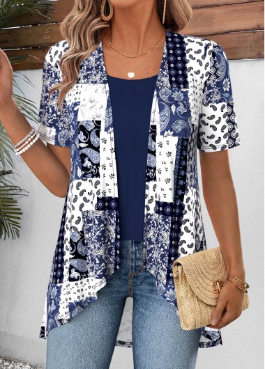 Navy tops,Tribal tops,ROTITA Patchwork Navy Short Sleeve Fake Two Piece Twinset