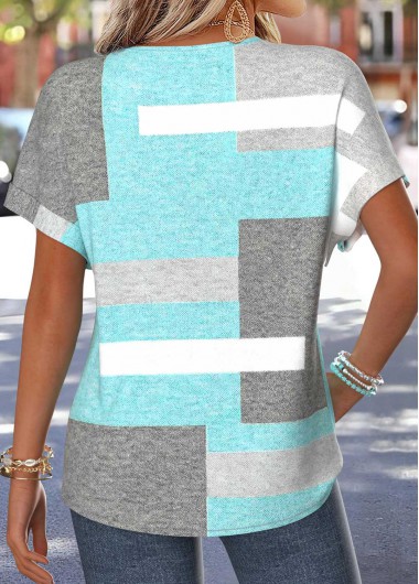 Mint Green tops,Geometric tops,ROTITA Tummy Coverage Geometric Print Mint Green T Shirt