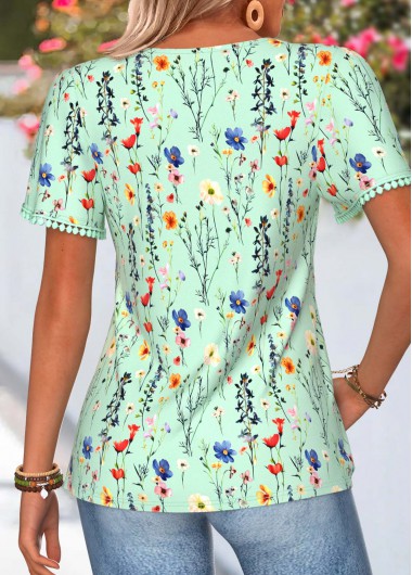 Green tops,Floral tops,Plants tops,ROTITA Tummy Coverage Floral Print Green V Neck T Shirt