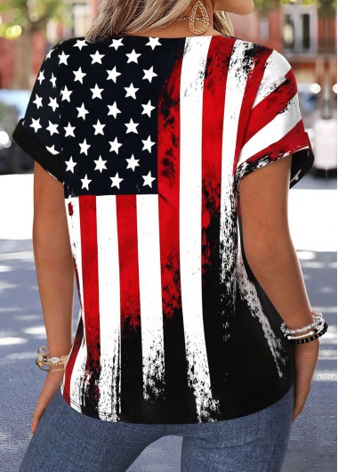Black tops,Flag tops,ROTITA American Flag Tummy Coverage Black Split Neck Blouse