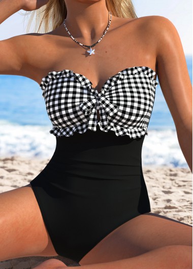 Black swimwear,Plaid swimwear,Geometric swimwear,ROTITA Black Cut Out Gingham Print One Piece Swimwear