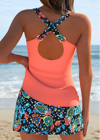Coral swimwear,Tribal swimwear,ROTITA Coral Surplice Tribal Print Mid Waisted Tankini Set