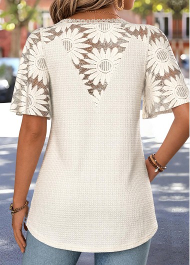 Beige tops,Plain Color tops,ROTITA Curved Hem Beige V Neck Half Sleeve T Shirt