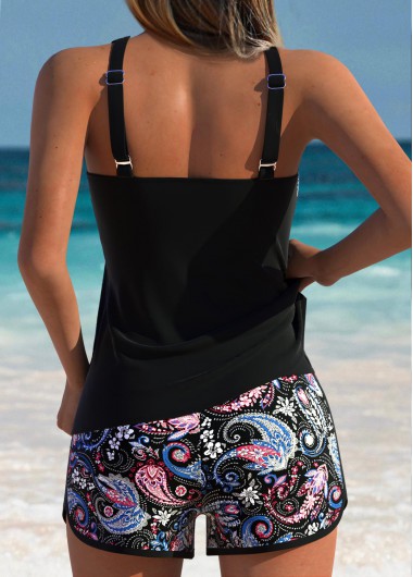 Black swimwear,Tribal swimwear,ROTITA Black Patchwork Tribal Print Mid Waisted Tankini Set