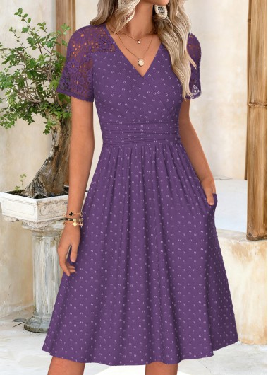 Purple dresses,Plain Color dresses,Everyday dresses,Casual dresses,ROTITA Purple Surplice V Neck Short Sleeve Dress