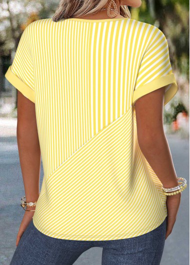 Yellow tops,Geometric tops,ROTITA Tummy Coverage Geometric Print Yellow Split Neck Blouse