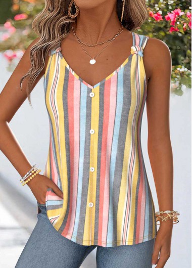 Multi Color tops,Striped tops,Geometric tops,ROTITA Curved Hem Multi Stripe Print V Neck Tank Top