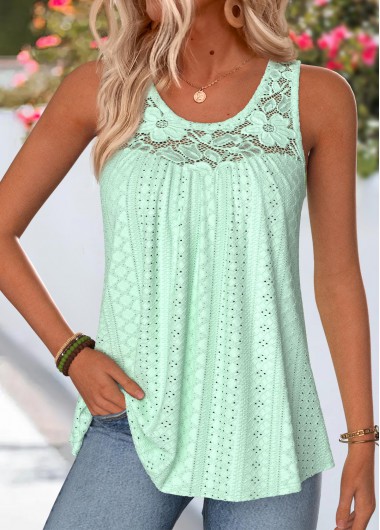 Mint Green tops,Plain Color tops,ROTITA Curved Hem Mint Green Scoop Neck Sleeveless Tank Top
