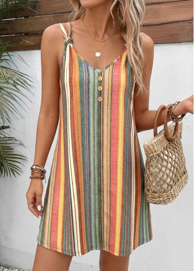 Multi Color dresses,Striped dresses,Geometric dresses,Everyday dresses,Casual dresses,ROTITA Multi Color Striped Twist Short V Neck Strappy Dress