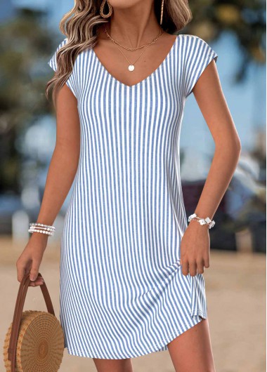 Dusty Blue dresses,Striped dresses,Geometric dresses,Vacation dresses,Vacation dresses,ROTITA Dusty Blue Striped Bowknot Short V Neck Dress