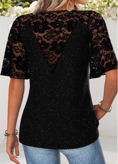 Black tops,Plain Color tops,ROTITA Curved Hem Black V Neck Half Sleeve T Shirt