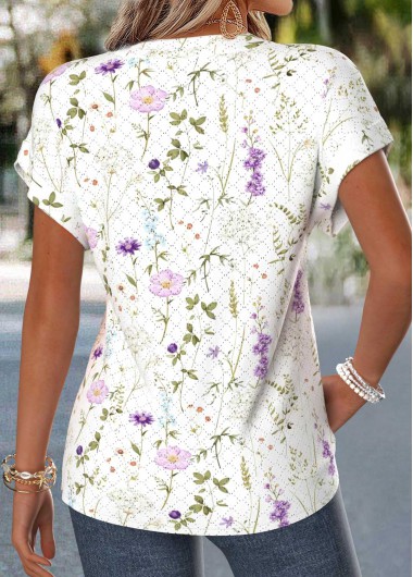 Raw white tops,Floral tops,Plants tops,ROTITA Curved Hem Floral Print Raw White Split Neck Blouse
