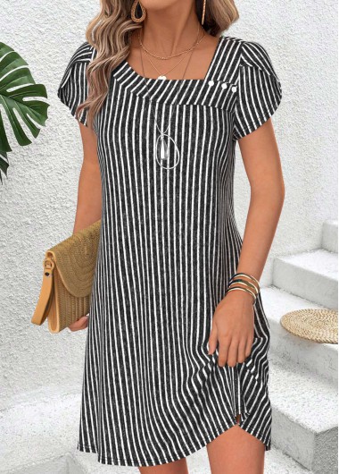 Black dresses,Striped dresses,Geometric dresses,Everyday dresses,Casual dresses,ROTITA Black Striped Asymmetry Short Asymmetrical Neck Dress