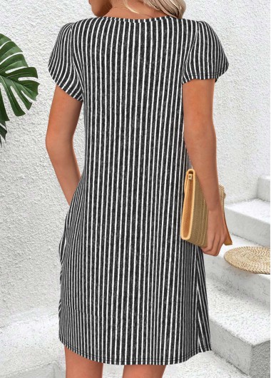 Black dresses,Striped dresses,Geometric dresses,Everyday dresses,Casual dresses,ROTITA Black Striped Asymmetry Short Asymmetrical Neck Dress