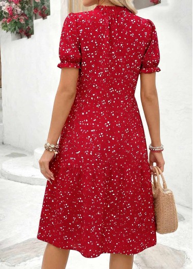Red dresses,Ditsy Floral dresses,Vacation dresses,Vacation dresses,ROTITA Red Ditsy Floral Print Tuck Stitch Short Dress