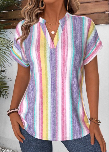 Multi Color tops,Striped tops,Geometric tops,ROTITA Curved Hem Striped Multi Color Stand Collar Blouse