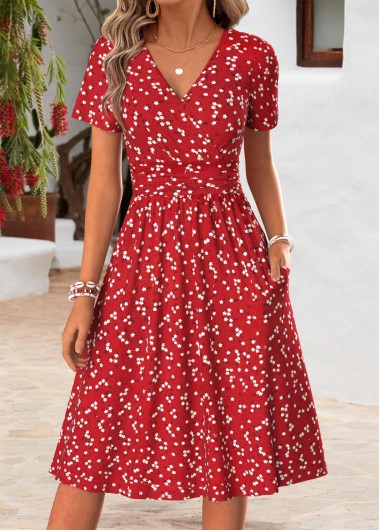 Red dresses,Ditsy Floral dresses,Everyday dresses,Casual dresses,ROTITA Red Ditsy Floral Print Double Side Pockets Dress