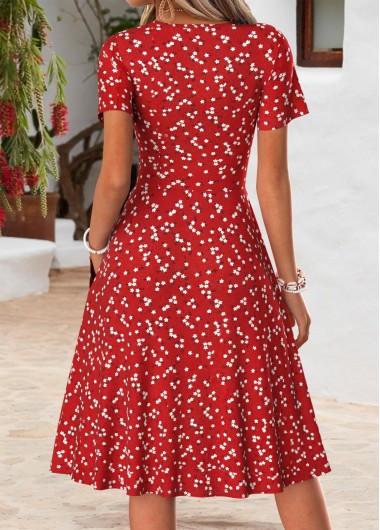 Red dresses,Ditsy Floral dresses,Everyday dresses,Casual dresses,ROTITA Red Ditsy Floral Print Double Side Pockets Dress