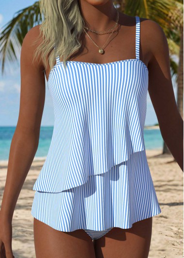 Light Blue swimwear,Striped swimwear,Geometric swimwear,ROTITA Light Blue Layered Striped Mid Waisted Tankini Set
