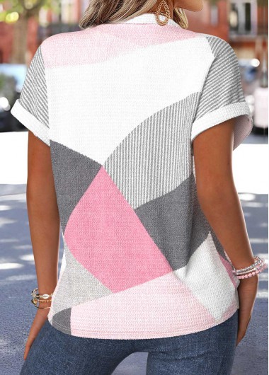 Light Pink tops,Geometric tops,ROTITA Tummy Coverage Geometric Print Light Pink Split Neck Blouse
