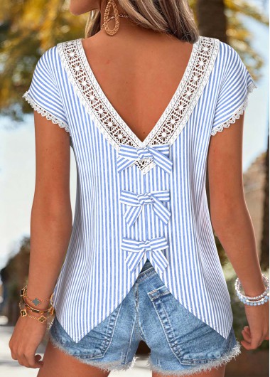 Blue tops,Striped tops,Geometric tops,ROTITA Bowknot Striped Blue V Neck Short Sleeve T Shirt