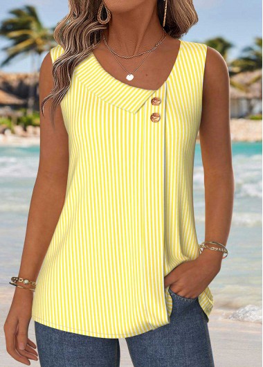 Yellow tops,Striped tops,Geometric tops,ROTITA Patchwork Striped Yellow Asymmetrical Neck Sleeveless Tank Top