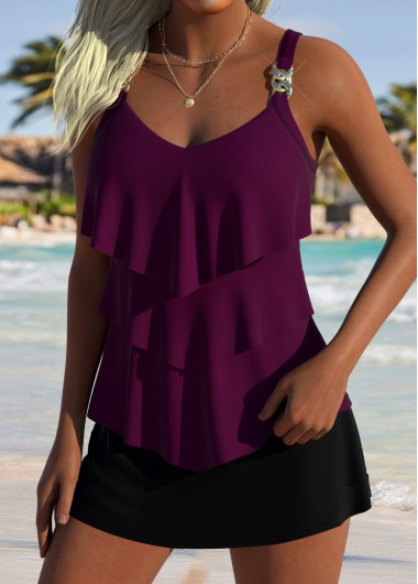 Dark Reddish Purple swimwear,Plain Color swimwear,ROTITA Dark Reddish Purple Heart Collar Tankini Top