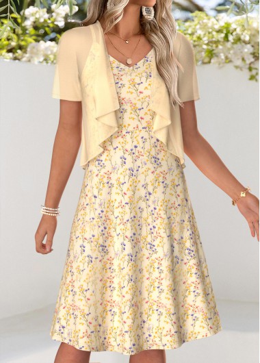 Light Yellow dresses,Ditsy Floral dresses,Vacation dresses,Vacation dresses,ROTITA Light Yellow Ditsy Floral Print Two-piece Dress and Cardigan