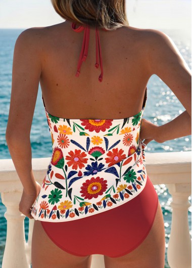 Red swimwear,Floral swimwear,Plants swimwear,ROTITA Red Tummy Coverage Floral Print Mid Waisted Tankini Set