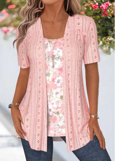 Pink tops,Floral tops,Plants tops,ROTITA Floral Print Pink Fake Two Piece Twinset