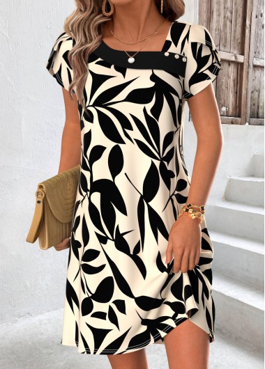 Beige dresses,Plants dresses,Everyday dresses,Casual dresses,ROTITA Beige Leaf Print Tummy Coverage Short Asymmetrical Neck Dress