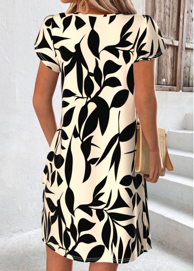Beige dresses,Plants dresses,Everyday dresses,Casual dresses,ROTITA Beige Leaf Print Tummy Coverage Short Asymmetrical Neck Dress
