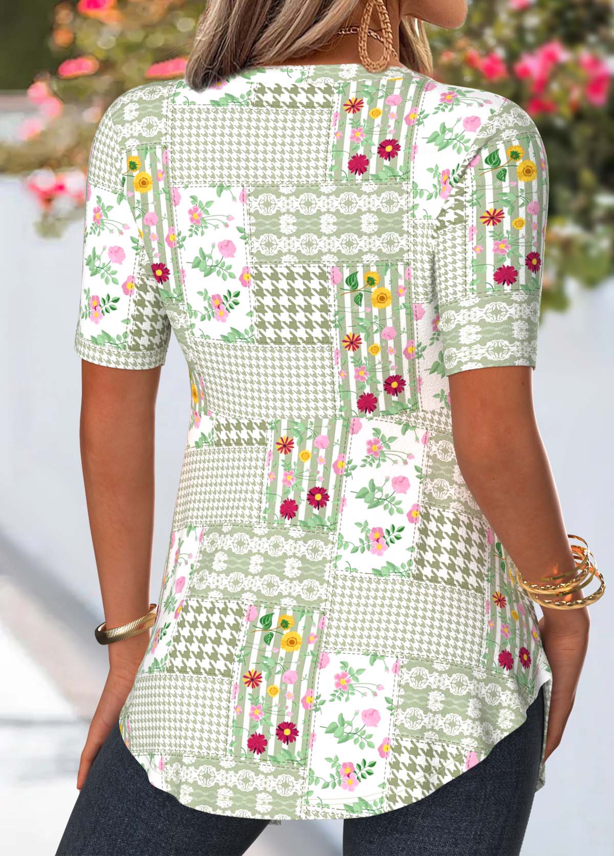 Sage Green tops,Floral tops,Plants tops,Striped tops,Houndstooth tops,ROTITA Floral Print Sage Green Fake Two Piece Twinset