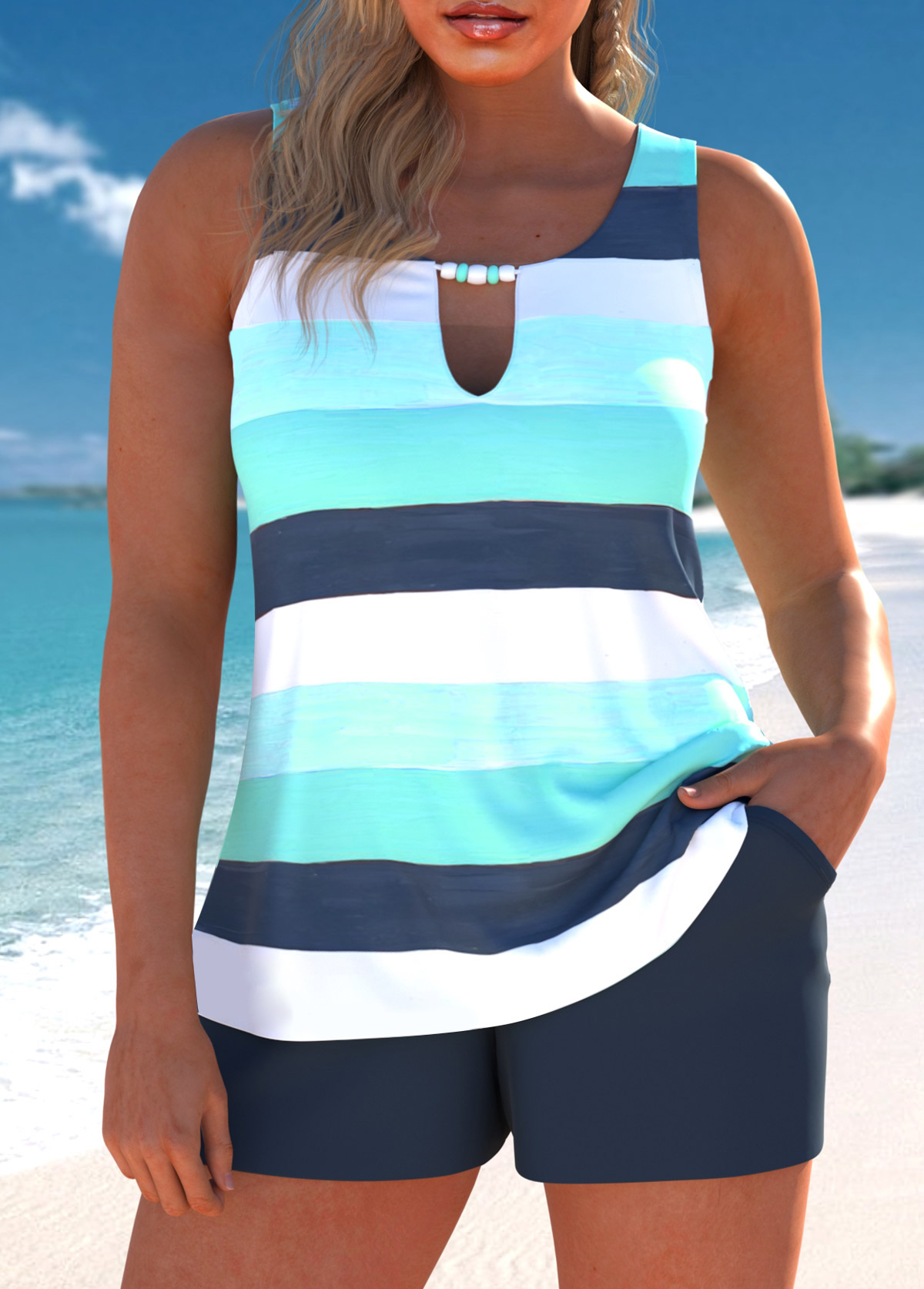 Cyan swimwear,Striped swimwear,Geometric swimwear,ROTITA Cut Out Cyan Multi Stripe Print Tankini Set